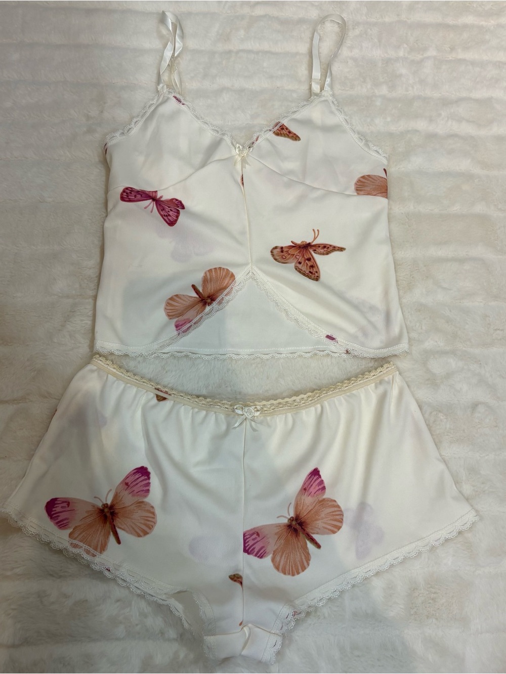 Butterfly-Print Ivory Satin Cami & Short Sleep Set handmade